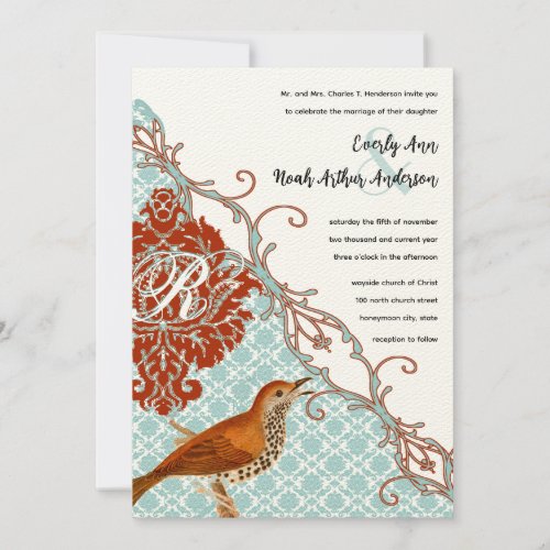 Vintage Birds Red Endive Damask Wedding Invitation