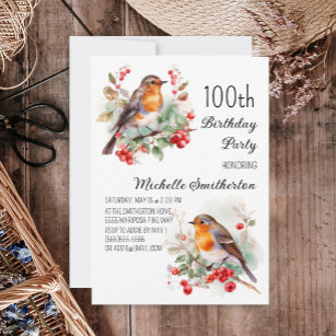 Vintage Birds Robin Redbreast 100th Birthday Invitation