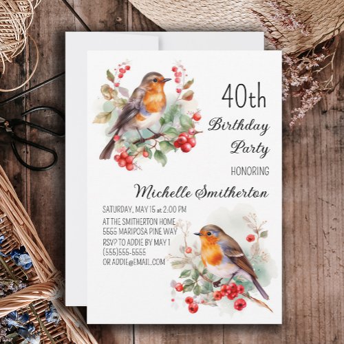 Vintage Birds Robin Redbreast 40th Birthday Invitation