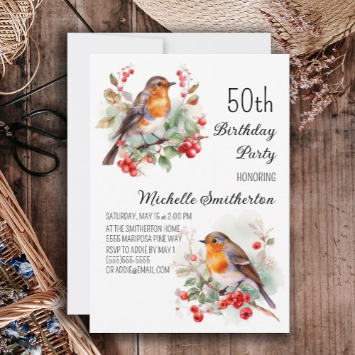 Vintage Birds Robin Redbreast 50th Birthday Invitation