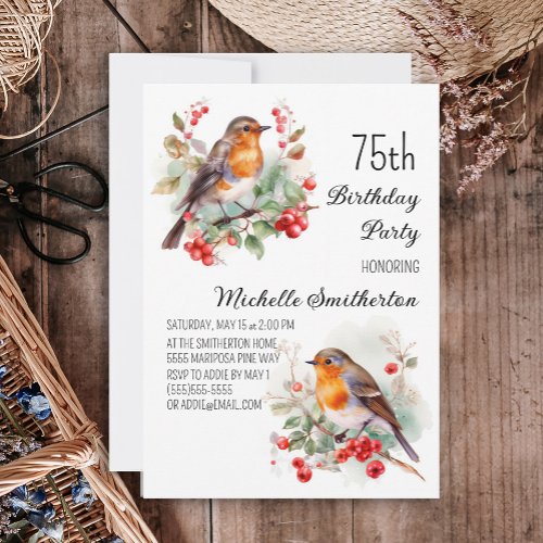 Vintage Birds Robin Redbreast 75th Birthday Invitation