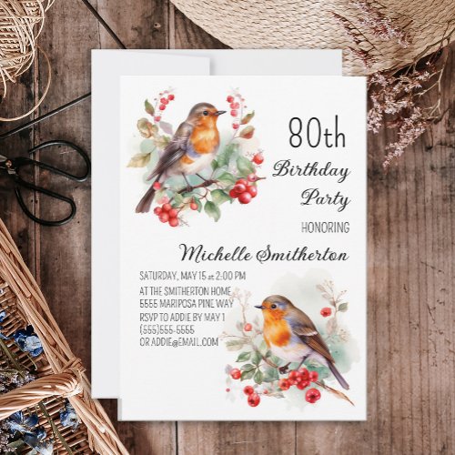 Vintage Birds Robin Redbreast 80th Birthday Invitation
