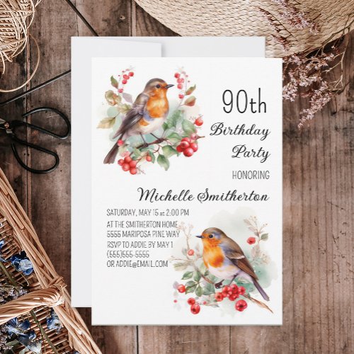 Vintage Birds Robin Redbreast 90th Birthday Invitation