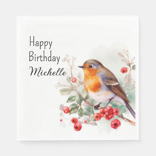 Vintage Birds Robin Redbreast Happy Birthday Name Napkins