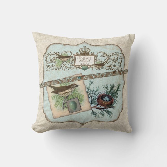 Vintage Birds, Robin's Egg Blue Crown Nest Pillow (Front)