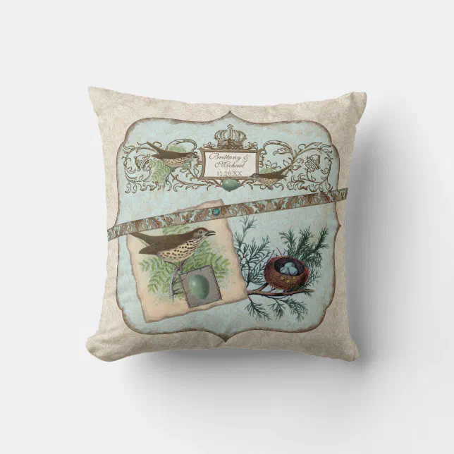 Vintage Birds, Robin's Egg Blue Crown Nest Pillow | Zazzle