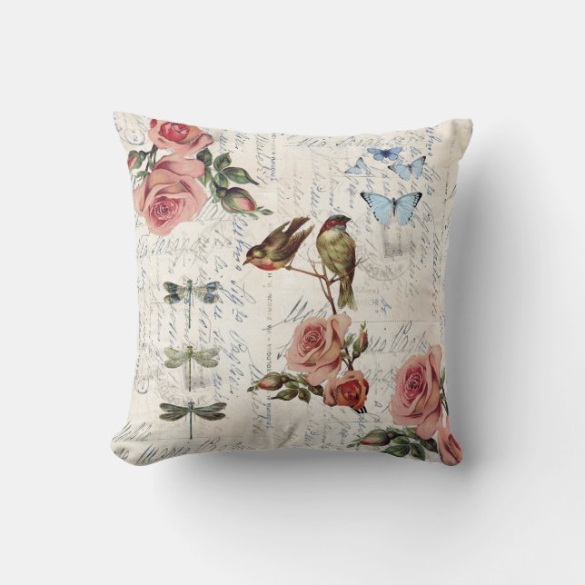 Vintage Birds Roses Dragonfly Cream Throw Pillow (Front)