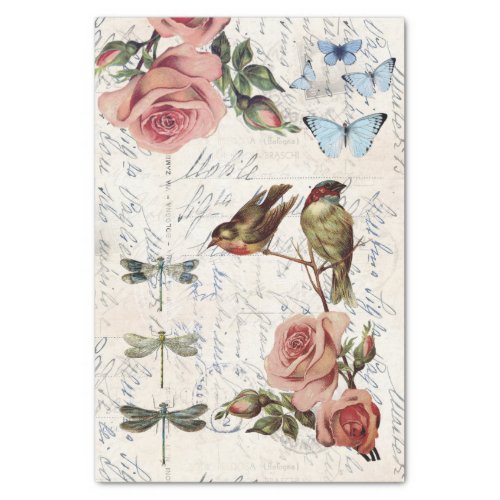 Vintage Birds Roses Dragonfly Cream Tissue Paper
