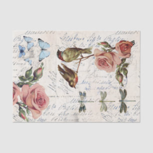Vintage Birds Roses Dragonfly Cream Tissue Paper