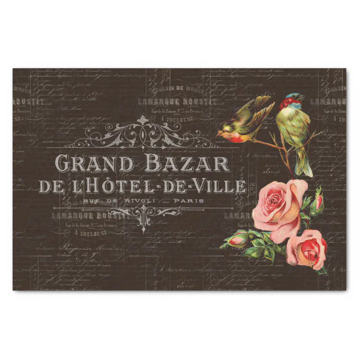 Vintage Birds Roses French Dark Tissue Paper Zazzle