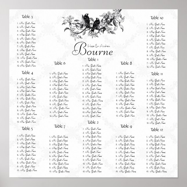 Vintage Birds Seating Chart Table Numbers (Front)