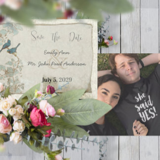 Vintage Birds Teal Blue Damask Borders Wedding Invitation