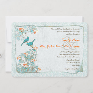 Vintage Birds Turquoise and Orange Damask Wedding Invitation