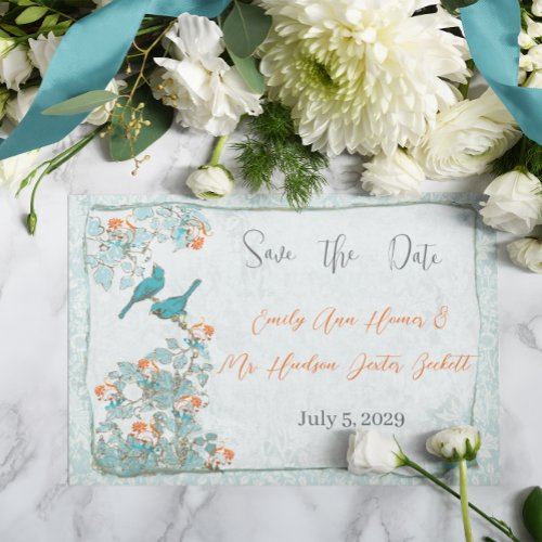 Vintage Birds Turquoise Orange Damask Wedding Invitation