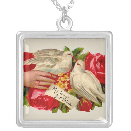 Vintage Birds Victorian Love Dove Classic Art Silver Plated Necklace