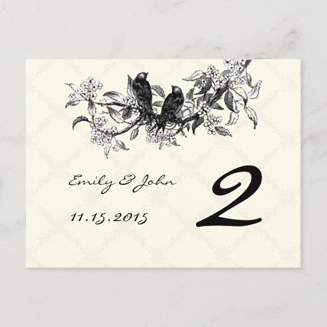 Vintage Birds Wedding Table Number Cards (Front)