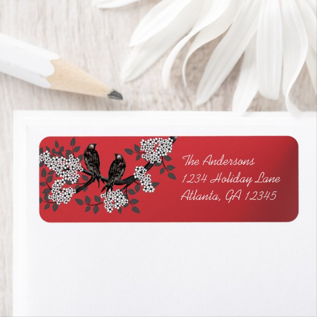 Vintage Birds White Flowers Christmas Red Labels (Insitu)