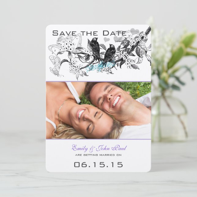 Vintage Birds White Flowers Wedding Save the Date (Standing Front)