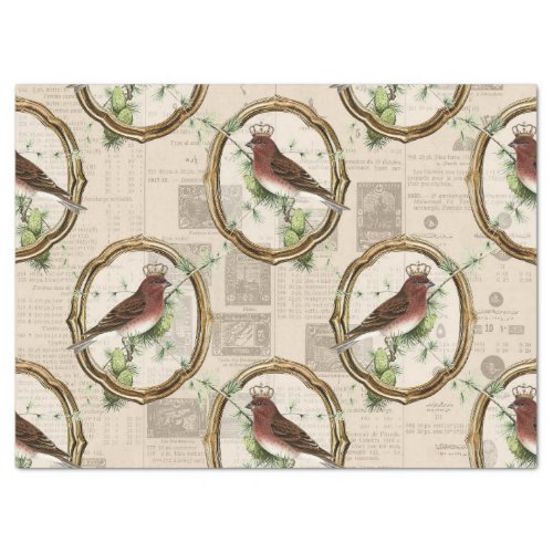 Vintage Birds with Crowns in Gold Frames Decoupage Tissue Paper