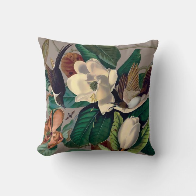 Vintage Birds with Magnolia Throw Pillow (Front)