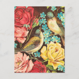 Vintage Birds With Pink and Yellow Roses Postcard