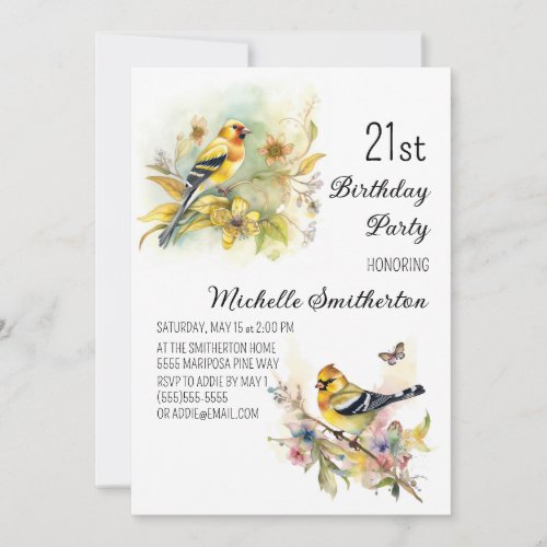 Vintage Birds Yellow Goldfinch 21st Birthday Invitation