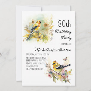 Vintage Birds Yellow Goldfinch 80th Birthday Invitation