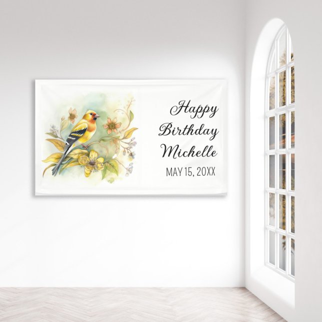 Vintage Birds Yellow Goldfinch Happy Birthday Name Banner (Creator Uploaded)