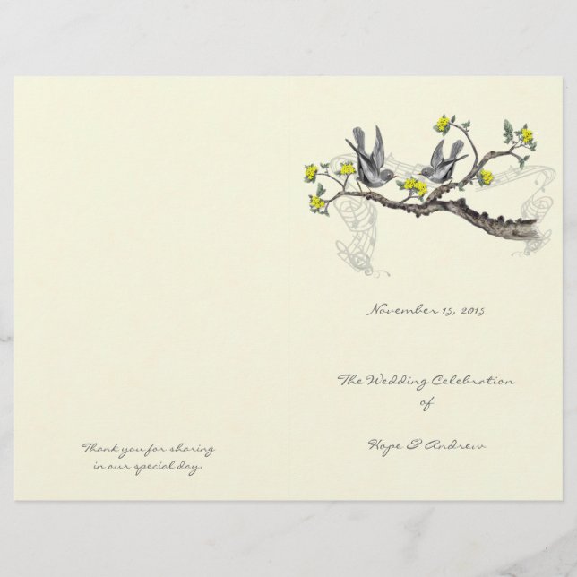 Vintage Birds Yellow & Gray Wedding Program (Front)