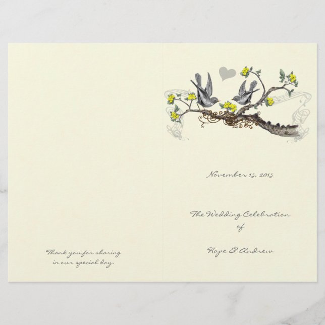 Vintage Birds Yellow & Gray Wedding Program (Front)