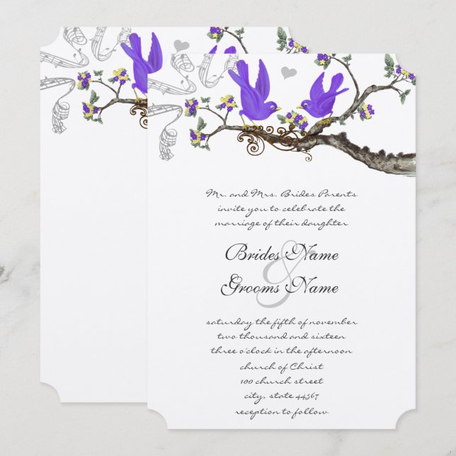 Vintage Birds Yellow & Purple  Wedding Invite (Front/Back)