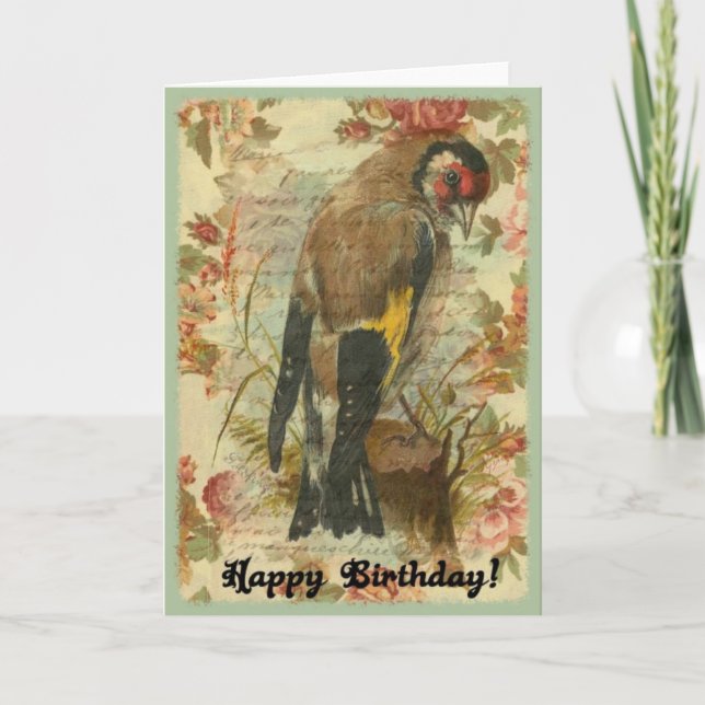 Vintage Birthday Bird With Floral Background Card (Front)