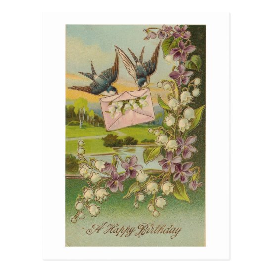 Vintage Birthday Birds Purple Flowers Postcard