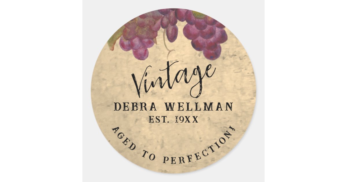Vintage Birthday Custom Watercolor Grape Cluster Classic Round Sticker ...