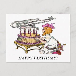 Vintage Birthday Girl with Cake Postcard