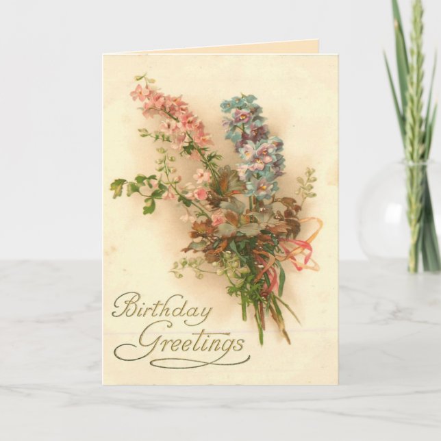 Vintage Birthday Greeting with Bouquet of Flowers Card (Front)