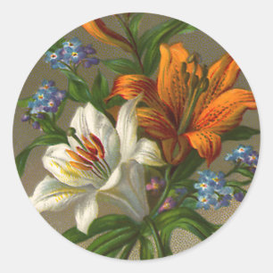 Vintage Birthday Greetings with Lily Flowers Classic Round Sticker
