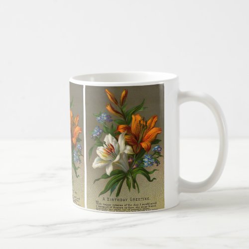 Vintage Birthday Greetings with Lily Flowers Coffee Mug