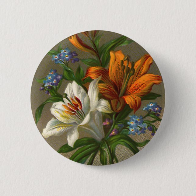 Vintage Birthday Greetings with Lily Flowers Pinback Button (Front)