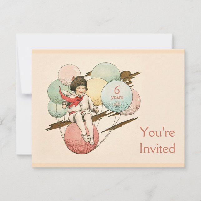 Vintage birthday invitation girl on balloons (Front)