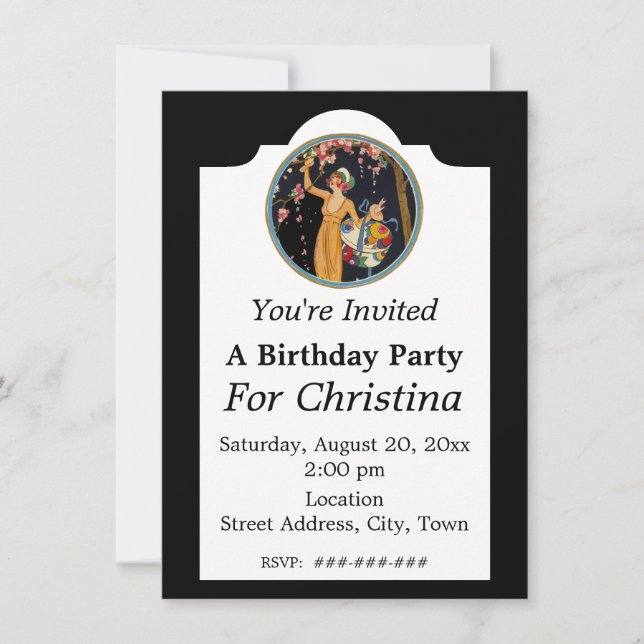 Vintage Birthday Lady Picking Pink Cherry Blossoms Invitation (Front)