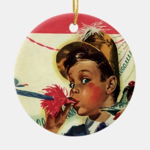 Vintage Birthday Party, Girl with Noise Maker Ceramic Ornament