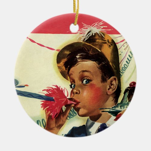 Vintage Birthday Party Girl with Noise Maker Ceramic Ornament