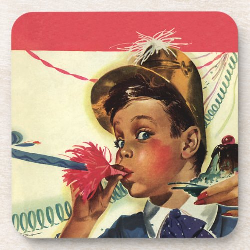 Vintage Birthday Party Girl with Noise Maker Drink Coaster