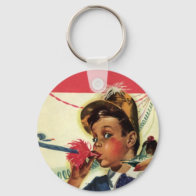 Vintage Birthday Party, Girl with Noise Maker Keychain (Front)