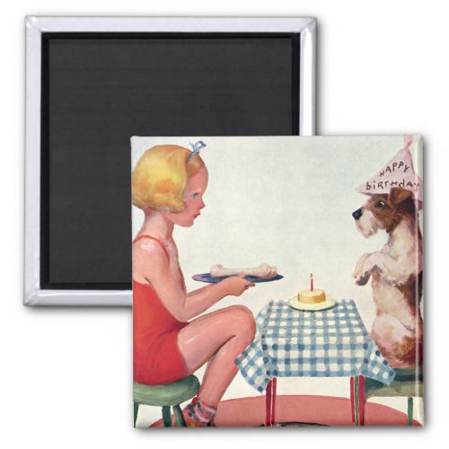 Vintage Birthday Party Girl with Pet Puppy Dog Magnet