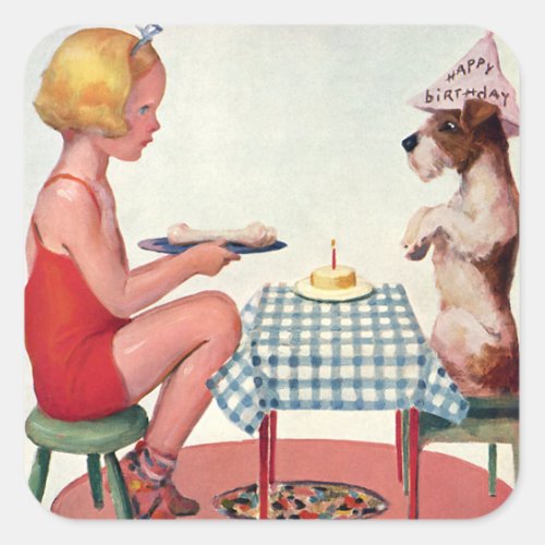 Vintage Birthday Party Girl with Pet Puppy Dog Square Sticker