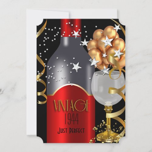Vintage Birthday Party Red Wine Black Gold Silver Invitation