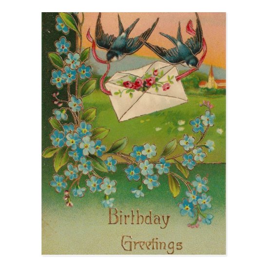 Vintage Birthday Postcard Birds and Flowers