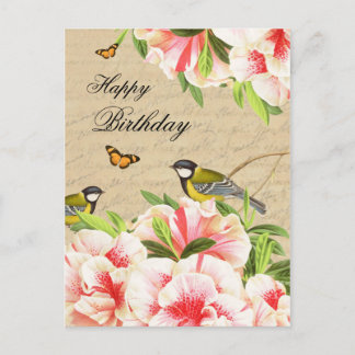 Vintage birthday postcard with birds and flowers